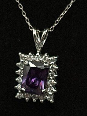 925 Sterling Silver FAS Faceted Purple Gemstone Pendant & Rhinestone Necklace